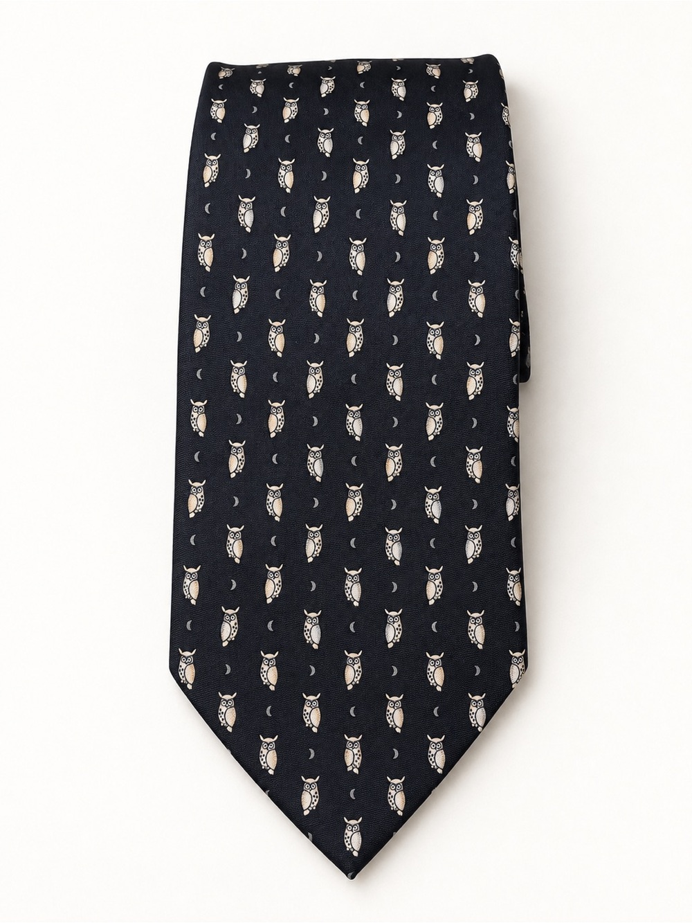 FRANGI Navy Owl & Crescent Moon 100% Silk Tie Made in Italy